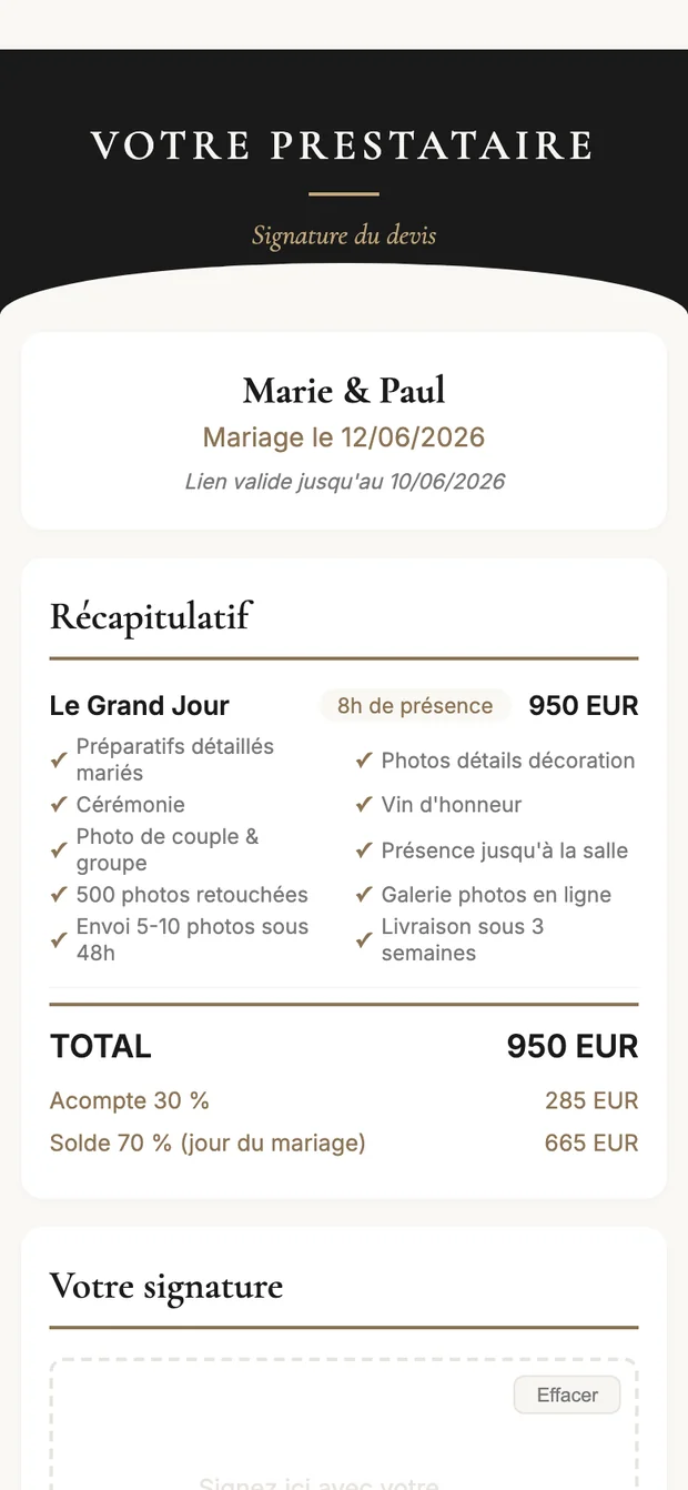 La signature en ligne du devis Phollio sur téléphone : récapitulatif, total, acompte, zone de signature